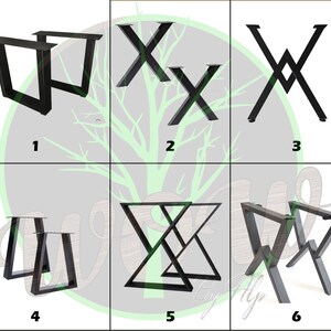 Op de afbeelding: Een verzameling van zes verschillende sets zwarte metalen tafelpoten, genummerd van &eacute;&eacute;n tot zes. De ontwerpen omvatten rechthoekige frames, X-vormige steunen, V-vormige structuren, trapeziumvormige basissen en hoekige geometrische configuraties.