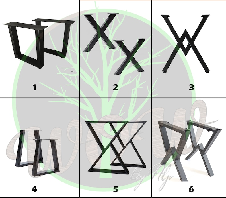 Op de afbeelding: Een verzameling van zes verschillende sets zwarte metalen tafelpoten, genummerd van &eacute;&eacute;n tot zes. De ontwerpen omvatten rechthoekige frames, X-vormige steunen, V-vormige structuren, trapeziumvormige basissen en hoekige geometrische configuraties.