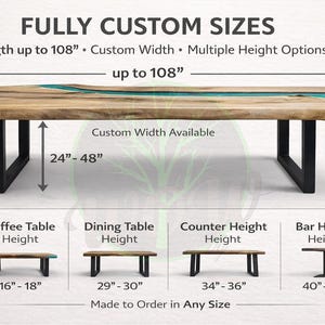Puede incluir: Una mesa de madera con borde natural, incrustaci&oacute;n de resina turquesa y patas de metal negro. El texto indica tama&ntilde;os totalmente personalizados con longitudes de hasta 274 cm, anchos de 61 a 122 cm y alturas de 41 a 107 cm para varios usos.