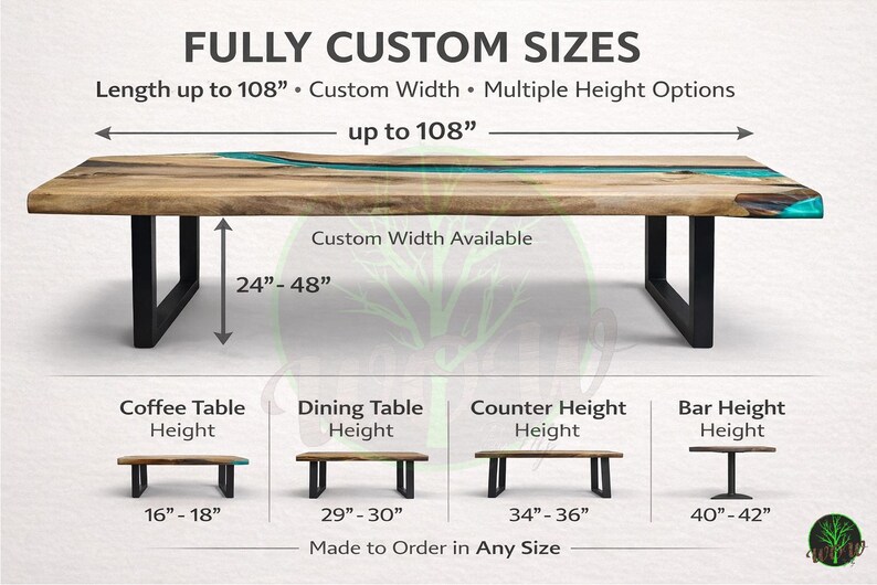 Puede incluir: Una mesa de madera con borde natural, incrustaci&oacute;n de resina turquesa y patas de metal negro. El texto indica tama&ntilde;os totalmente personalizados con longitudes de hasta 274 cm, anchos de 61 a 122 cm y alturas de 41 a 107 cm para varios usos.
