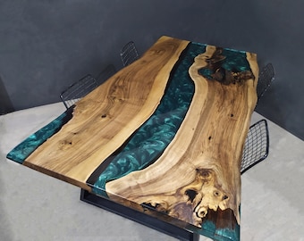 Mesa de comedor de borde vivo de epoxi: Mesa de río de madera y resina personalizada