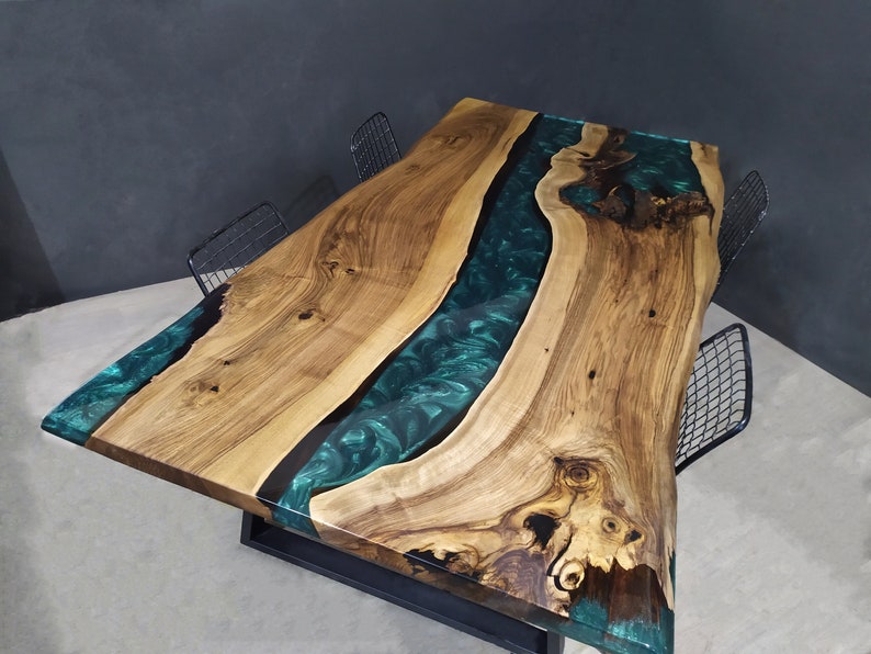 Epoxy Dining Table Epoxy Table, Wood Epoxy Dining Room Table, Live Edge Epoxy Resin Table Top, Wood and Epoxy River Table, Emerald Green Epoxy resin and walnut wood dining room table with metal legs, custom epoxy dining table, epoxy kitchen table