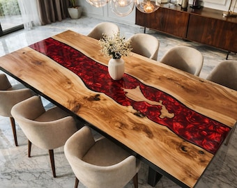 Mesa de comedor de resina epoxi, mesa de nogal rústico con borde natural.