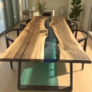 Custom Epoxy Table With Transparent Green Epoxy, Live Edge Epoxy Dining Table, Epoxy River Table Up To 108" L