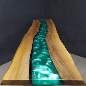 Epoxy Dining Table Epoxy Table, Wood Epoxy Dining Room Table, Live Edge Epoxy Resin Table Top, Wood and Epoxy River Table, Emerald Green Epoxy resin and walnut wood dining room table with metal legs, custom epoxy dining table, epoxy kitchen table