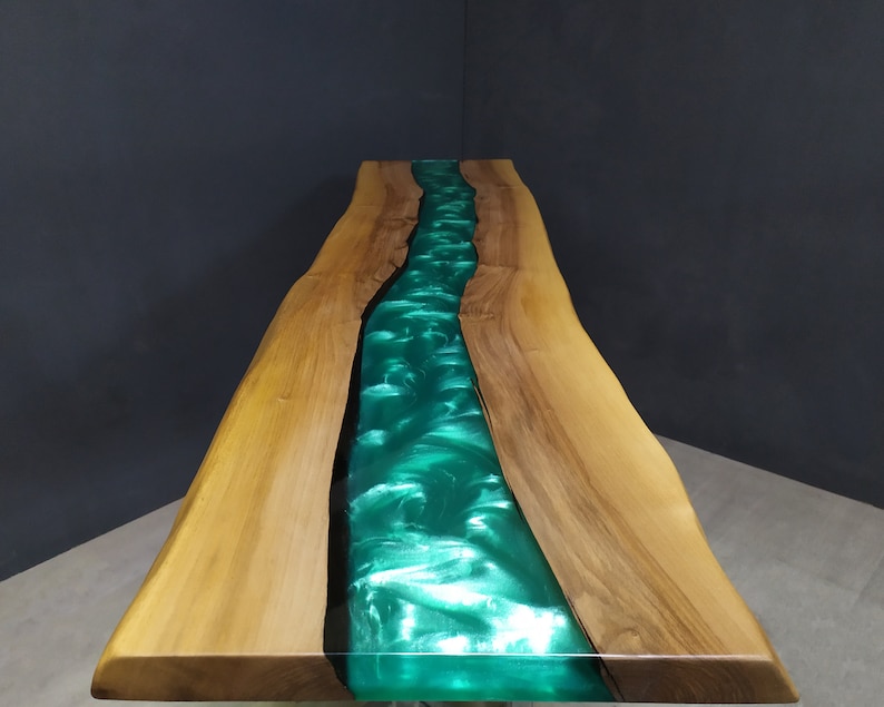 Epoxy Dining Table Epoxy Table, Wood Epoxy Dining Room Table, Live Edge Epoxy Resin Table Top, Wood and Epoxy River Table, Emerald Green Epoxy resin and walnut wood dining room table with metal legs, custom epoxy dining table, epoxy kitchen table