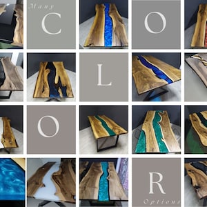 May include: Many Colour Options. A collage of images showcasing various epoxy resin river tables with different colours and patterns. The tables are made of wood with a clear epoxy resin finish. The resin is available in a variety of colours, including blue, green, black, white, and red.