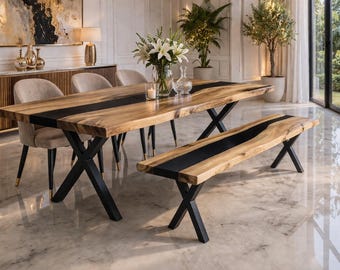 Banco de entrada de madera natural con borde natural y resina epoxi, banco de comedor moderno de madera