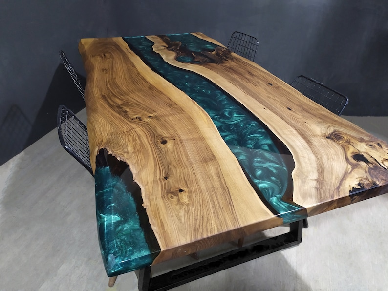 Epoxy Dining Table Epoxy Table, Wood Epoxy Dining Room Table, Live Edge Epoxy Resin Table Top, Wood and Epoxy River Table, Emerald Green Epoxy resin and walnut wood dining room table with metal legs, custom epoxy dining table, epoxy kitchen table