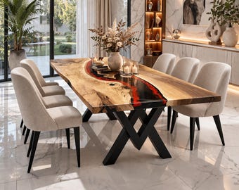 Epoxy Walnut Dining Table, Live Edge Solid Wood Dining Room Table, Custom Counter Height Kitchen Island Table, Housewarming Gift