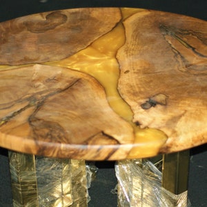 Round Dining Table, Live Edge Wood Dining Table, Round Gold Epoxy Dining Table Top and Legs, Small Live Edge Solid Wood Rustic Dining Table