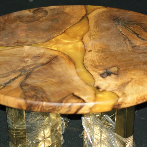 Ronde eettafel, Live Edge houten eettafel, ronde goud epoxy eettafelblad en poten, kleine live edge massief hout rustieke eettafel