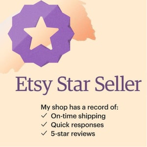 Etsy Star Seller. My shop has a record of: on-time shipping, quick responses and 5-star reviews