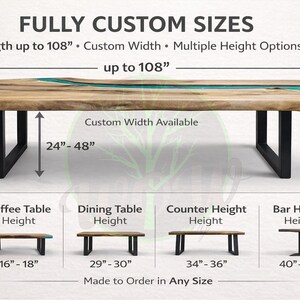 May include: A live edge wood table with a turquoise resin river inlay and black metal legs. Text indicates fully custom sizes with lengths up to 108 inches, widths of 24 to 48 inches, and various heights for coffee, dining, counter, and bar use.