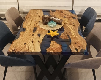 Custom Farmhouse Table, Modern Handmade Furniture with Solid Olive Wood Top, Rustic Farmhouse  Dining Table With Olive Wood Slab