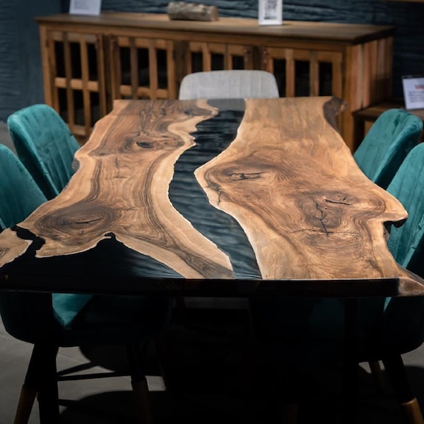 Custom River Table Epoxy Resin Coffee Table, Live Edge Epoxy River Table, Dining Room Wood Furniture, Walnut Slab Dining Table, Side Table