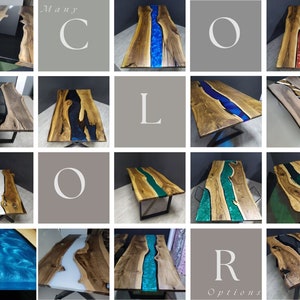 Pu&ograve; includere: Un collage di immagini che mostrano diversi tavoli in resina epossidica con fiumi di diversi colori, tra cui nero, bianco, blu, verde e rosso. Il testo "Many Color Options" &egrave; visualizzato nella parte superiore e inferiore del collage.