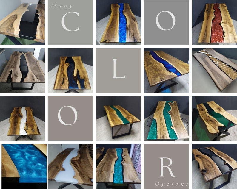 Pu&ograve; includere: Un collage di immagini che mostrano diversi tavoli in resina epossidica con fiumi di diversi colori, tra cui nero, bianco, blu, verde e rosso. Il testo "Many Color Options" &egrave; visualizzato nella parte superiore e inferiore del collage.