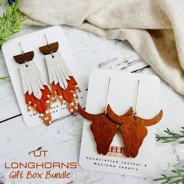 Burnt Orange and White Earrings, UT Longhorns Gift Box Bundle, UT Austin Game Day Earrings, UT Longhorns Gift for Her, Real Leather Earring