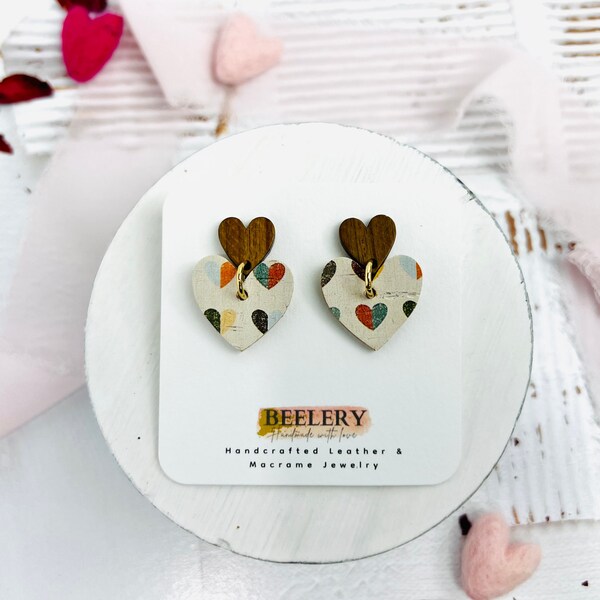 Heart Rainbow Stud Earrings, Stacked Heart Dangles, Boho Mini Heart Earrings