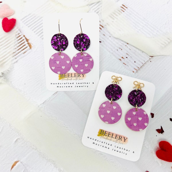 Purple Orchid Glitter Heart Earrings, Stacked Disc Earrings, Valentines Day Glitter Sparkly Dangles, Round Disc Leather Earrings