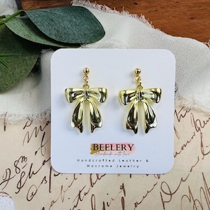 Bright Gold or Silver Ribbon Bow Earrings, Coquette Bow Jewelry, Gift for Her, Bridesmaid Gift