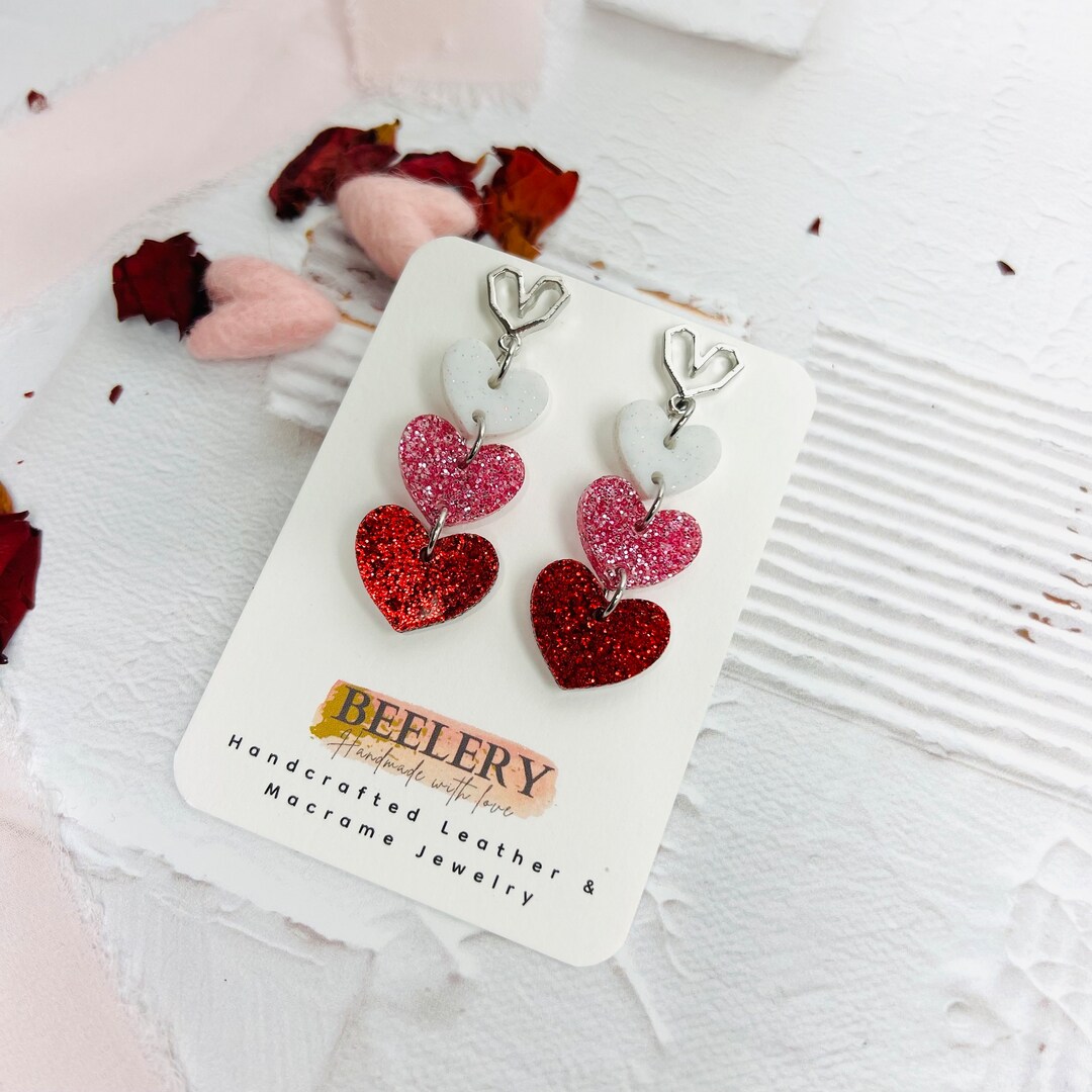 Triple Heart Stacked Acrylic Earrings/ White, Pink and Red Glitter