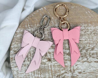 Genuine Leather Pink Bow Purse Charm, Small Bow Keychain, Bag Purse Accessories, Carabiner Hardware