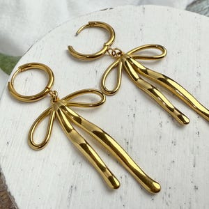 Gold Silver Ribbon Bow Earrings, Floppy Bow Huggie Earrings, Coquette Bow Jewelry, Gift for Her, Bridesmaid Gift