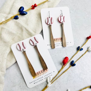 Acrylic and Wood Baseball Dangles, Baseball Bat Earrings, Baseball Mom Earrings, Baseball Stud Earrings,