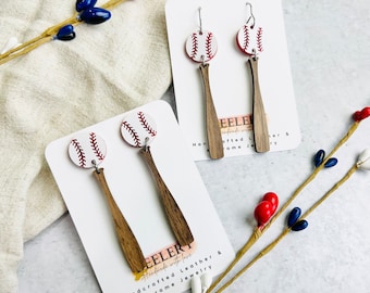 Acrylic and Wood Baseball Dangles, Baseball Bat Earrings, Baseball Mom Earrings, Baseball Stud Earrings,