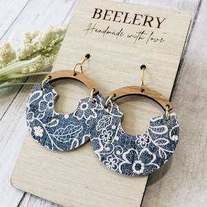 White Floral Lace Navy Blue Leather Hoop Earrings, Leather backed cork and Wood Earrings, Boho Jewelry, Wooden Mini Arch Earring