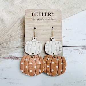 Stacked Pumpkin Earrings, White and Cappuccino Brown Fall Dangles, Cork Leather Pumpkin Jewelry, Fall Earrings, Neutral Pumpkin Dangles