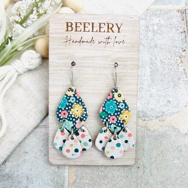 Floral Cork Leather Dangles, Spring Summer Floral Earrings, Mixed Print Boho Earrings, Bright Fun Floral Dangles