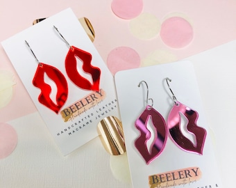 RED PINK Lip dangle earrings, Valentines Day Mirror Acrylic Earrings, Kiss Earrings