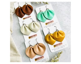 Pinched Petal Leather Earrings, Real Leather Earrings, Leather Leaf Earrings, Boho Leather Dangles