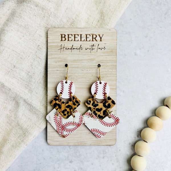 Baseball Chevron Earrings, Genuine Leather and Acrylic Baseball Earrings, Baseball fan earrings, Leopard Baseball Earrings