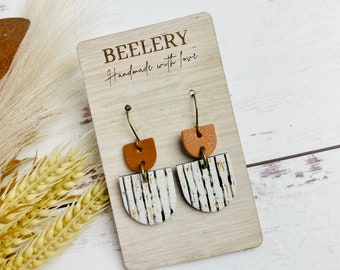 Minimalist Geometric Leather Earrings, Black and White Stripe Dangles, Small Boho Geometric Dangles, Cognac Brown/Black and White Pinstripe
