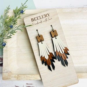 Boho Fringe Leather Earrings, Genuine Leather Earrings, Layered Fringe Earrings, Wooden Stud and Leather Earrings