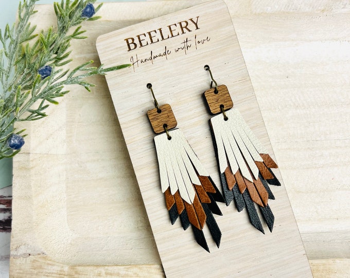 Boho Fringe Leather Earrings, Genuine Leather Earrings, Layered Fringe Earrings, Wooden Stud and Leather Earrings