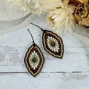Ornate Floral Wooden Handpainted Earrings