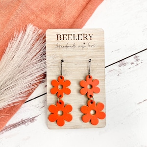 Orange Retro Daisy Earrings, Stacked Daisy Dangles, Fall Floral Daisy Earrings
