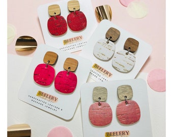 Mini Leather-Backed Cork Earrings, Small Geometric Leather Earrings, Minimalist Boho Style Earrings