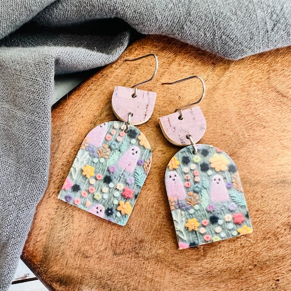Floral Ghost Earrings, Geometric Halloween Earrings, Whimsical Spooky Dangles, Halloween Jewelry