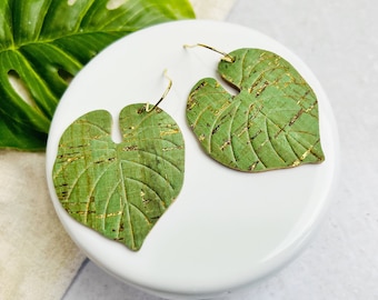 Green Leather Monstera Leaf Earrings: Embossed Plant Jewelry