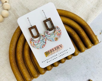 Small Crescent Hoops, Floral Cork Leather Earrings, Multi Color Floral Print Earrings