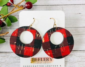 Buffalo Plaid Hoops, Lumberjack plaid Hoops, Leather Earrings, Christmas Earrings, Cork Leather Circle cutout Earrings, Gifts for Her