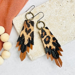 Boho Leopard Fringe Earrings, Fall Neutral Leather Earrings, Layered Fringe Earrings, Lightweight Earrings