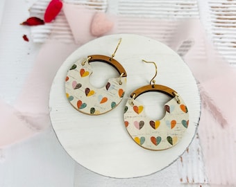 Rainbow Hearts Leather Hoop Earrings, Valentines Day Earrings, Leather and Wood Earrings, Boho Jewelry