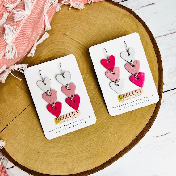 Heart Trio Earrings, Pink White Valentines Day Earrings, Dainty Heart Dangles, Minimalist Heart Jewlery